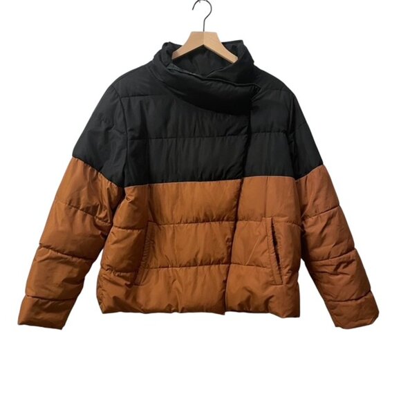 Summersalt Colorblock Eco Puffer Jacket Coat Size Medium Brown Black - Picture 2 of 16